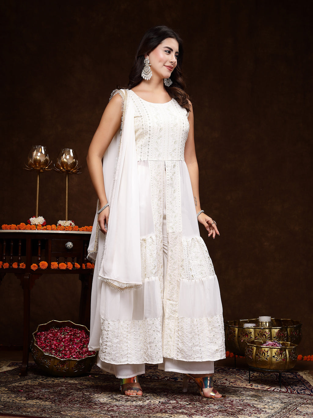 Women's White Georgette Embroidered Teired Kurta Pant Dupatta Set