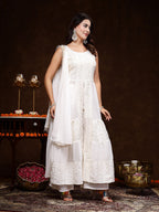 Women's White Georgette Embroidered Teired Kurta Pant Dupatta Set