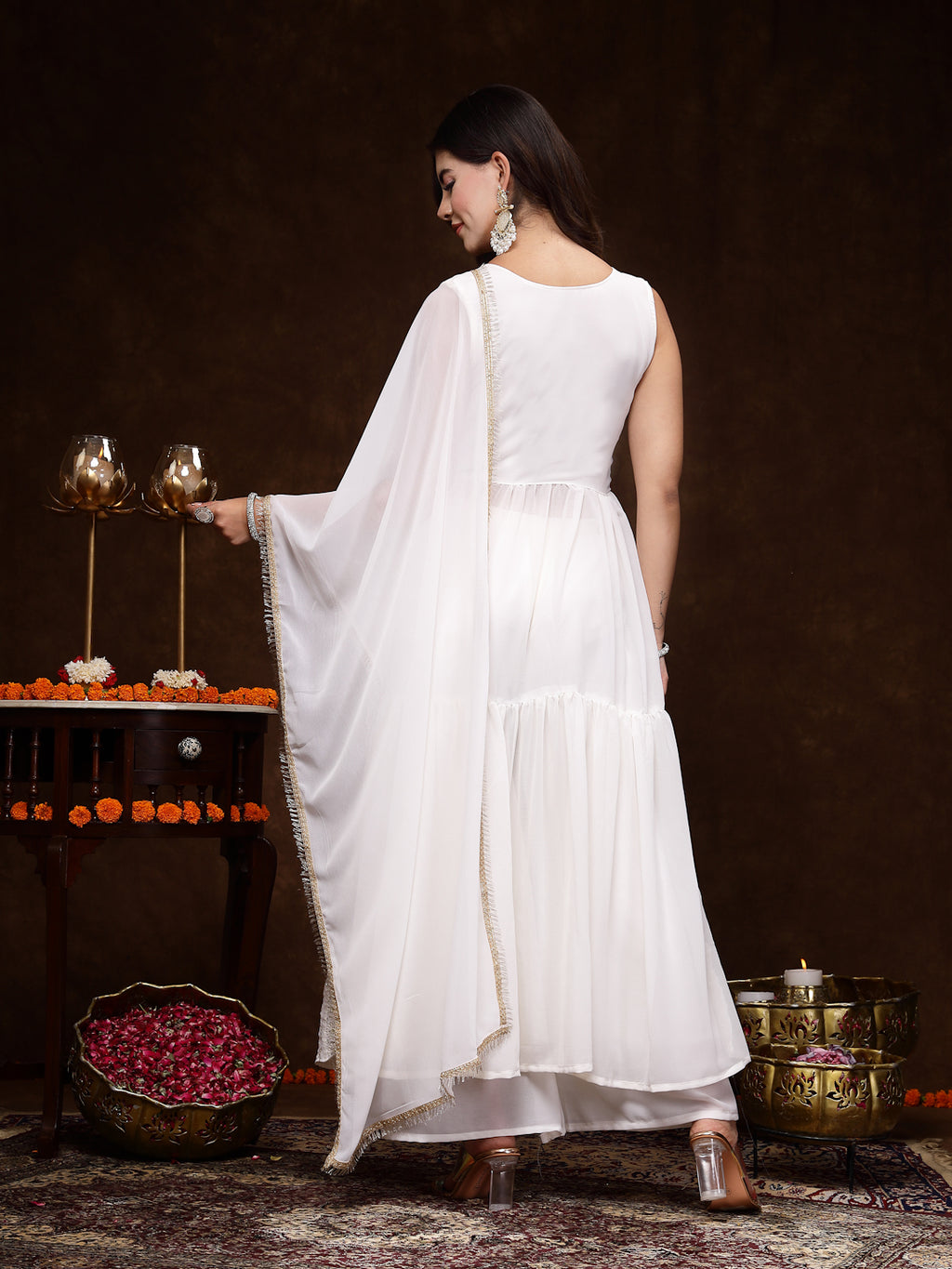 Women's White Georgette Embroidered Teired Kurta Pant Dupatta Set