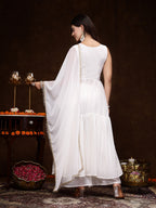 Women's White Georgette Embroidered Teired Kurta Pant Dupatta Set