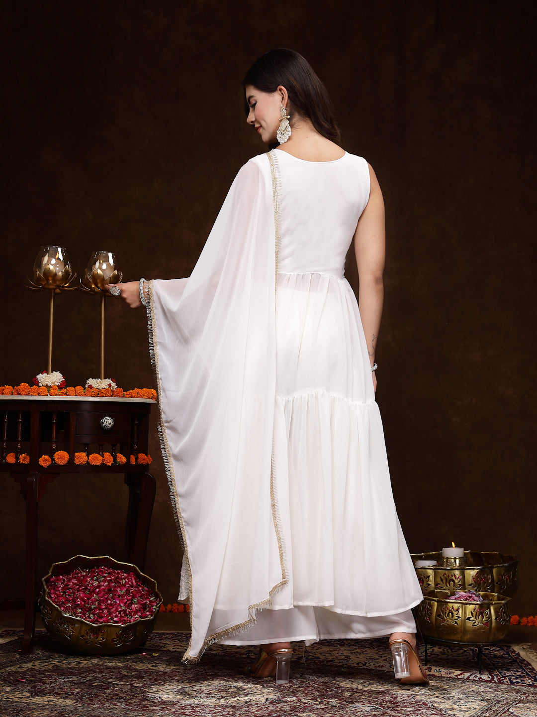 Women's White Georgette Embroidered Teired Kurta Pant Dupatta Set