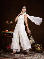 Women's White Georgette Embroidered Teired Kurta Pant Dupatta Set