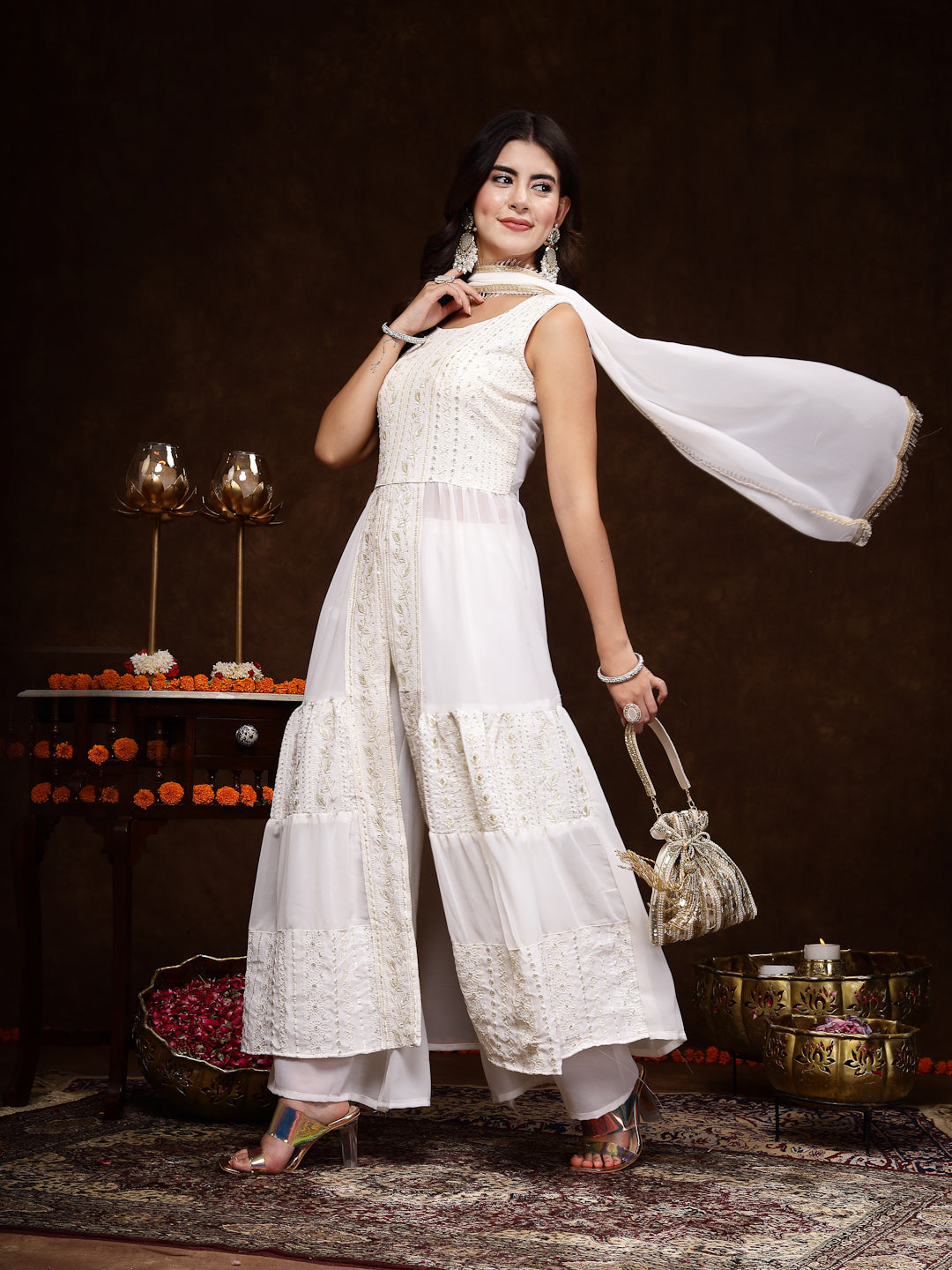 Women's White Georgette Embroidered Teired Kurta Pant Dupatta Set