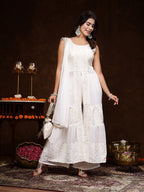 Women's White Georgette Embroidered Teired Kurta Pant Dupatta Set