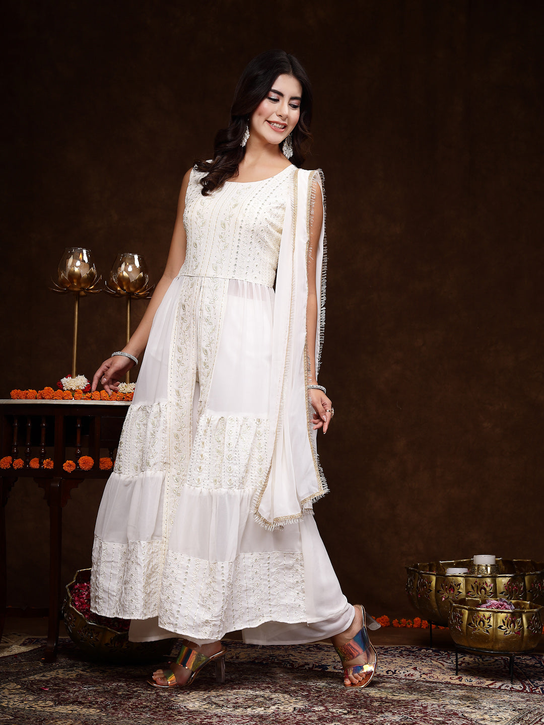 Women's White Georgette Embroidered Teired Kurta Pant Dupatta Set