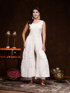 Women's White Georgette Embroidered Teired Kurta Pant Dupatta Set