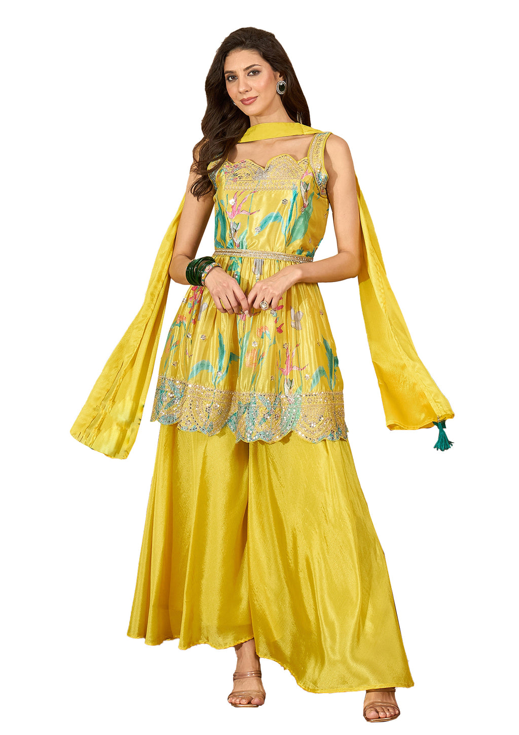 Women's Yellow Floral Printed & Embroidered Chinon A-Line Short Kurti Palazzo Dupatta Set