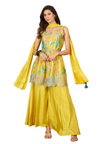 Women's Yellow Floral Printed & Embroidered Chinon A-Line Short Kurti Palazzo Dupatta Set