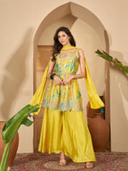 Women's Yellow Floral Printed & Embroidered Chinon A-Line Short Kurti Palazzo Dupatta Set