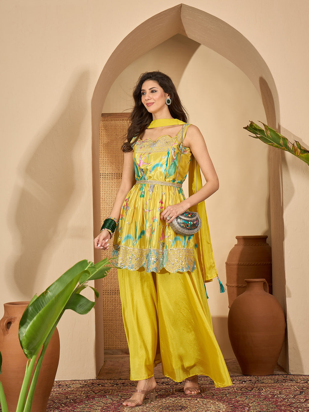Women's Yellow Floral Printed & Embroidered Chinon A-Line Short Kurti Palazzo Dupatta Set