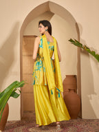 Women's Yellow Floral Printed & Embroidered Chinon A-Line Short Kurti Palazzo Dupatta Set