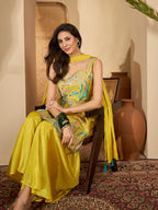 Women's Yellow Floral Printed & Embroidered Chinon A-Line Short Kurti Palazzo Dupatta Set