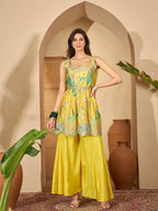 Women's Yellow Floral Printed & Embroidered Chinon A-Line Short Kurti Palazzo Dupatta Set