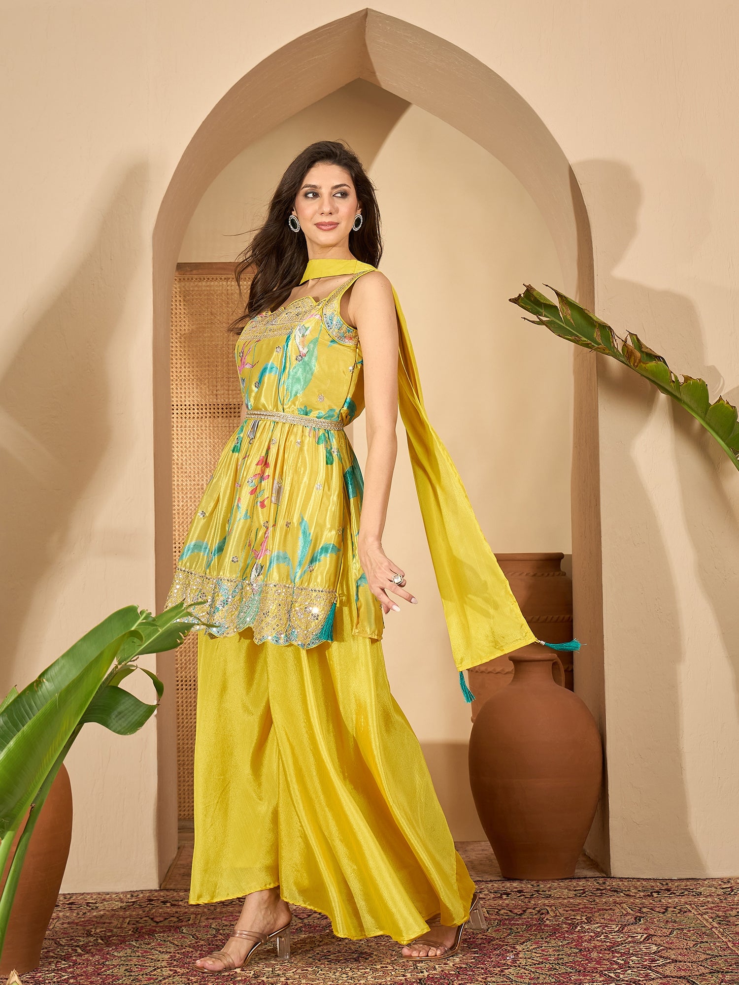 Women's Yellow Floral Printed & Embroidered Chinon A-Line Short Kurti Palazzo Dupatta Set