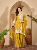 Women's Mustard Solid & Embroidered Net Straight Kurti Sharara Dupatta Set