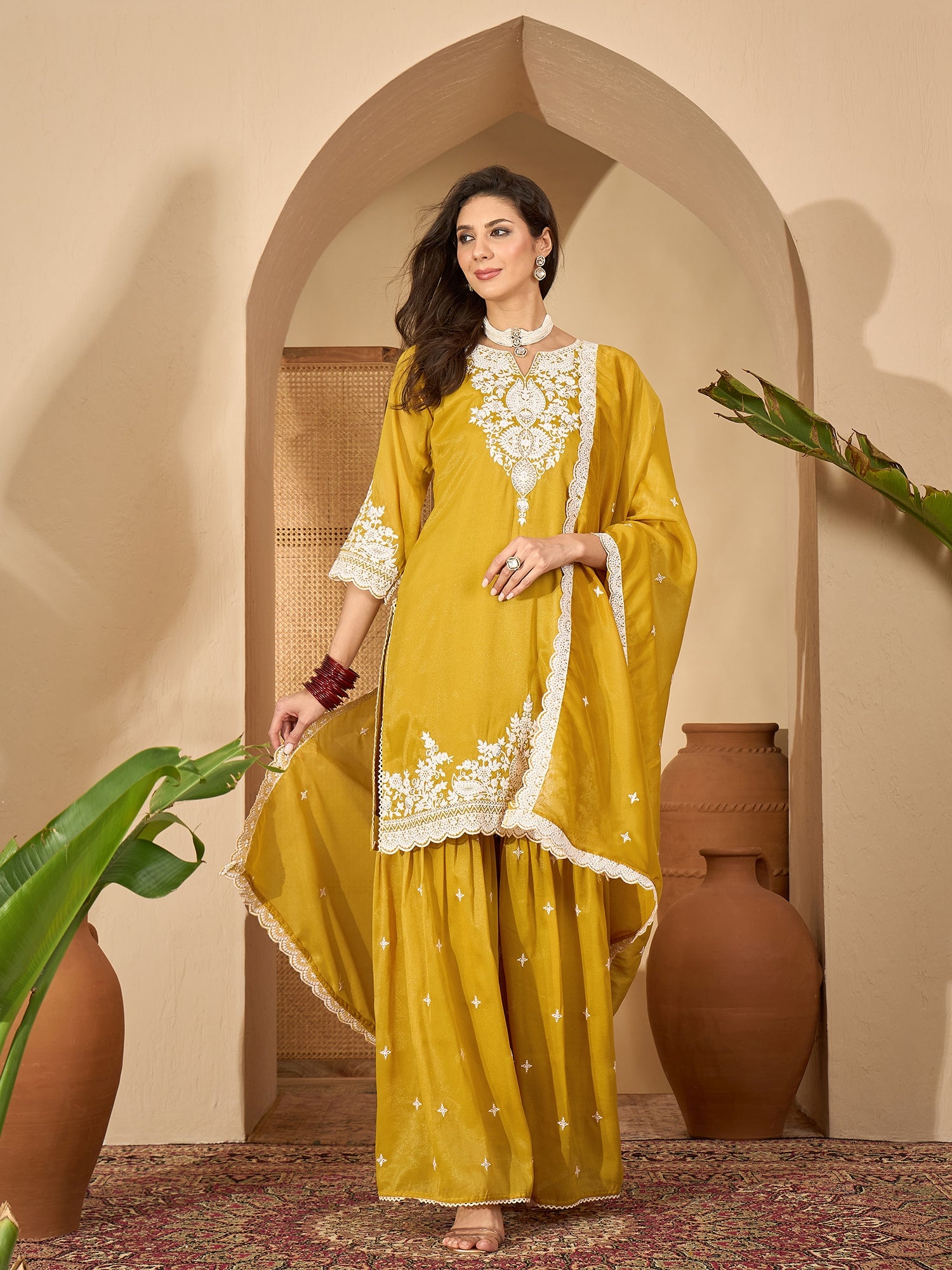 Women's Mustard Solid & Embroidered Net Straight Kurti Sharara Dupatta Set