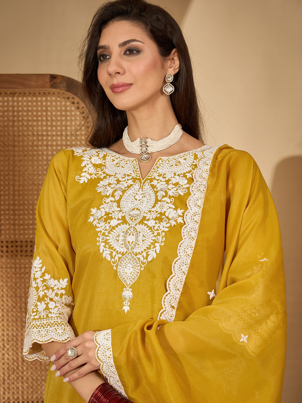 Women's Mustard Solid & Embroidered Net Straight Kurti Sharara Dupatta Set