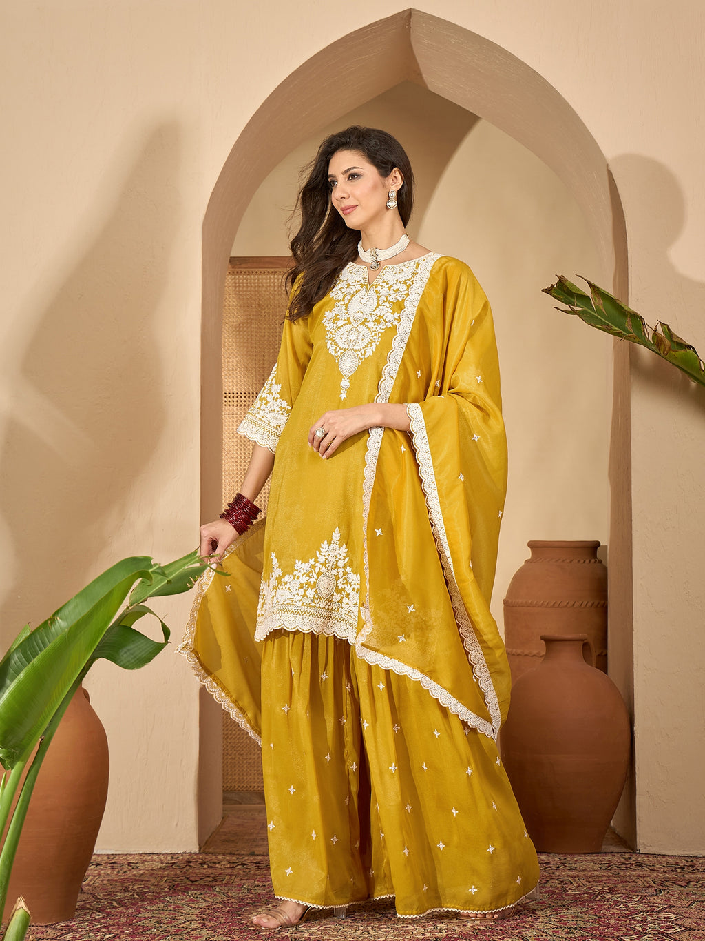 Women's Mustard Solid & Embroidered Net Straight Kurti Sharara Dupatta Set