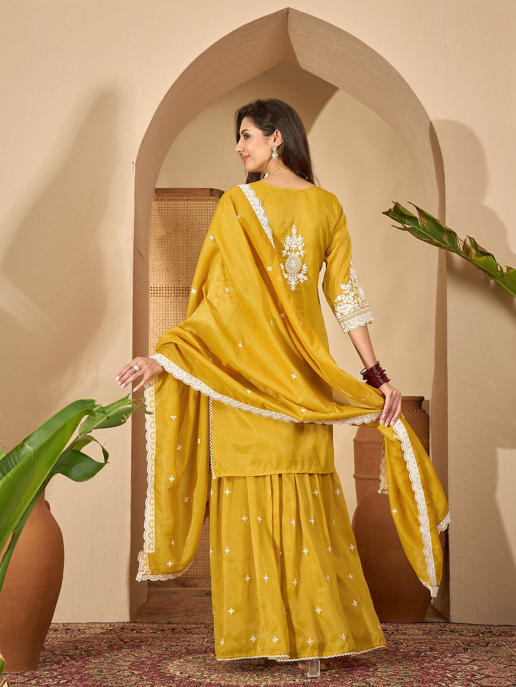 Women's Mustard Solid & Embroidered Net Straight Kurti Sharara Dupatta Set