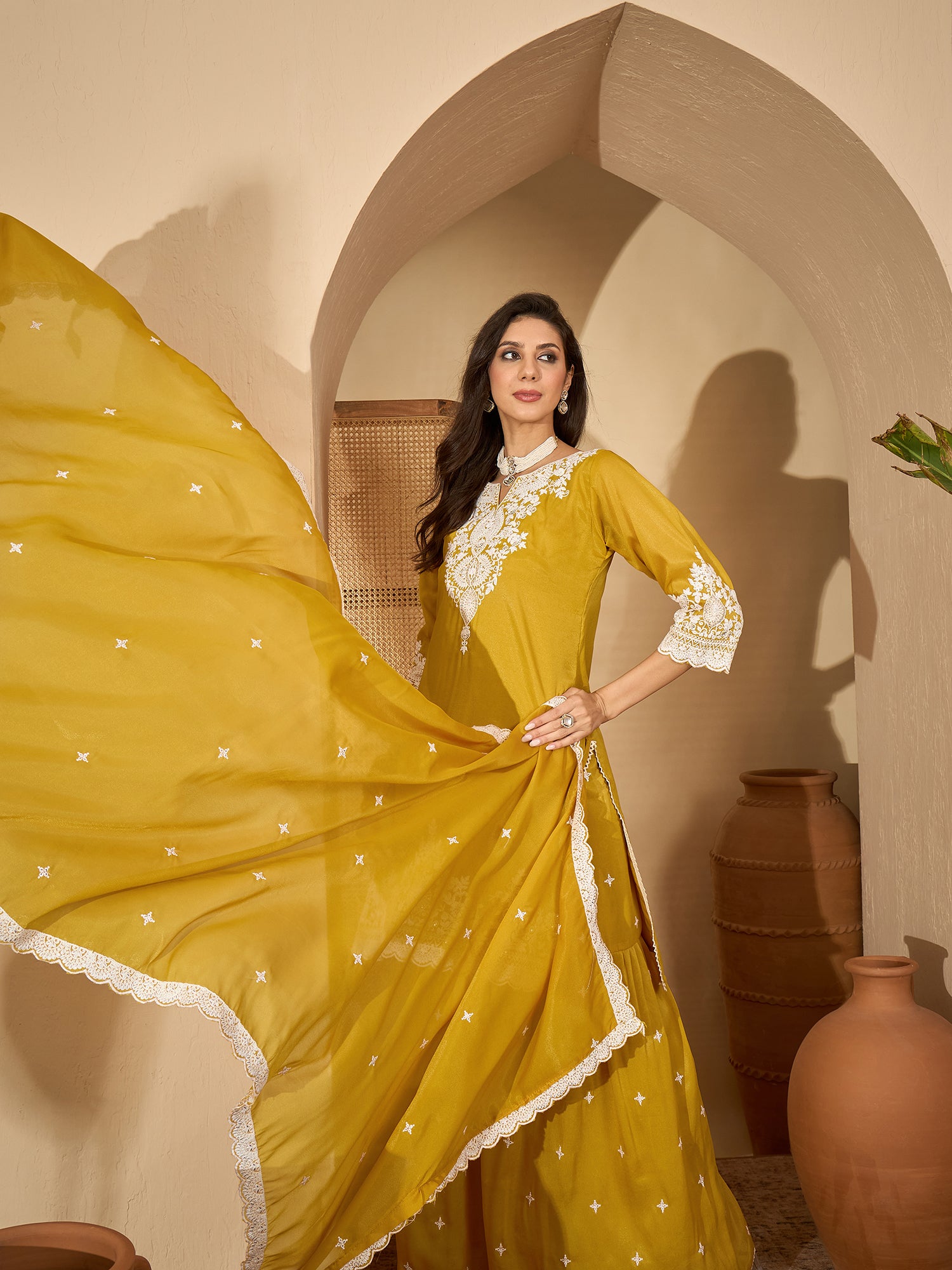 Women's Mustard Solid & Embroidered Net Straight Kurti Sharara Dupatta Set