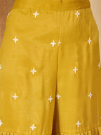 Women's Mustard Solid & Embroidered Net Straight Kurti Sharara Dupatta Set