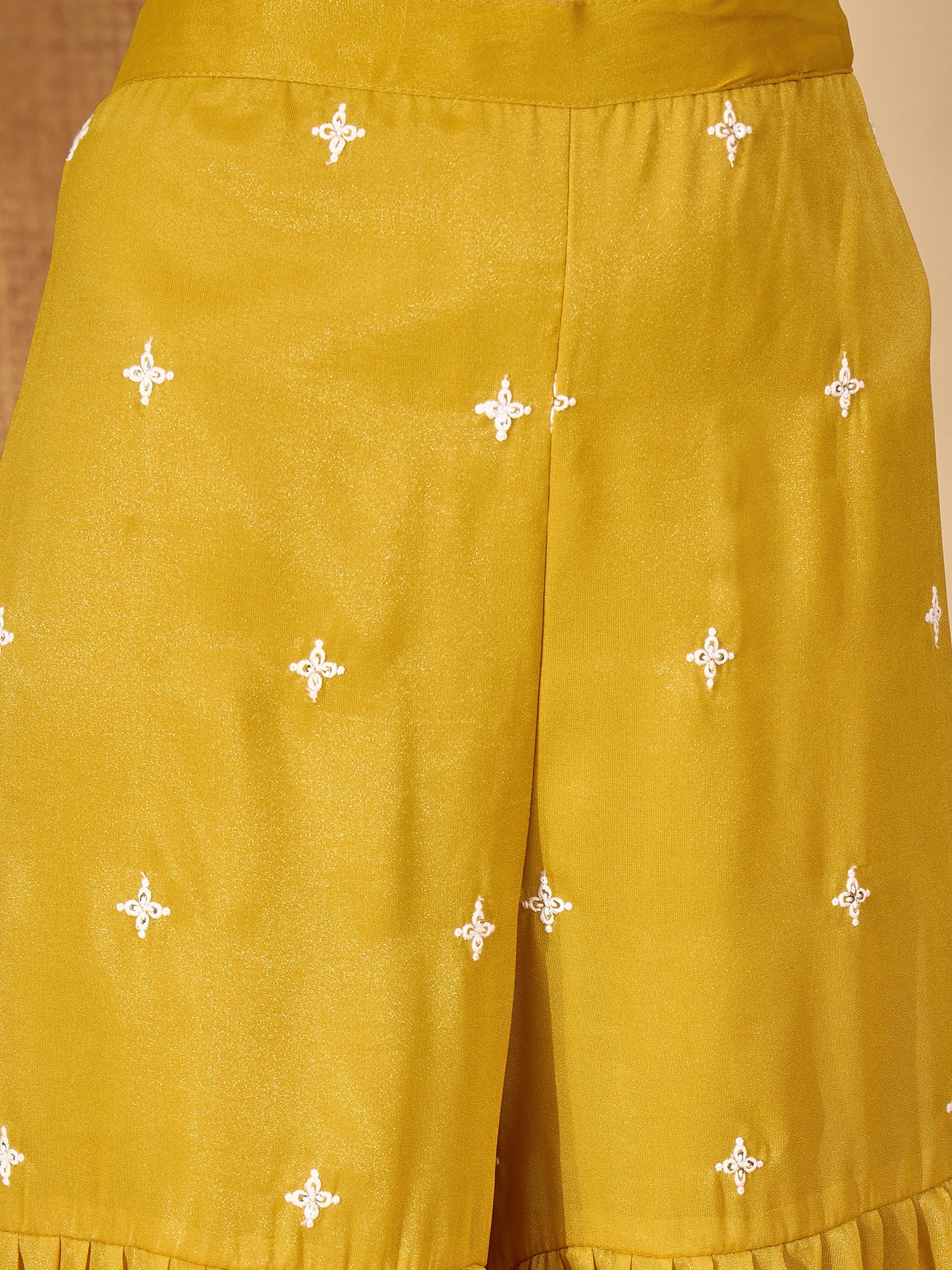 Women's Mustard Solid & Embroidered Net Straight Kurti Sharara Dupatta Set