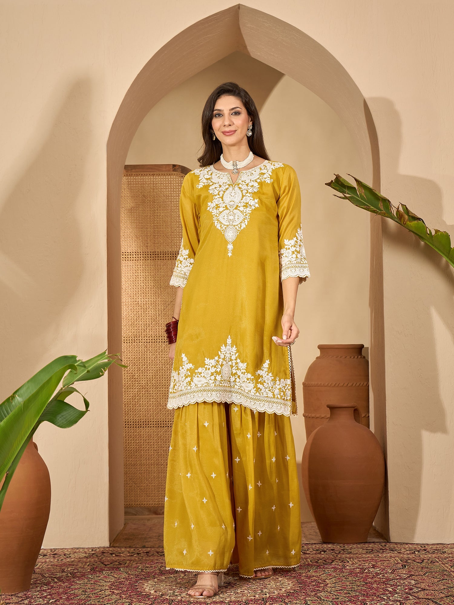 Women's Mustard Solid & Embroidered Net Straight Kurti Sharara Dupatta Set