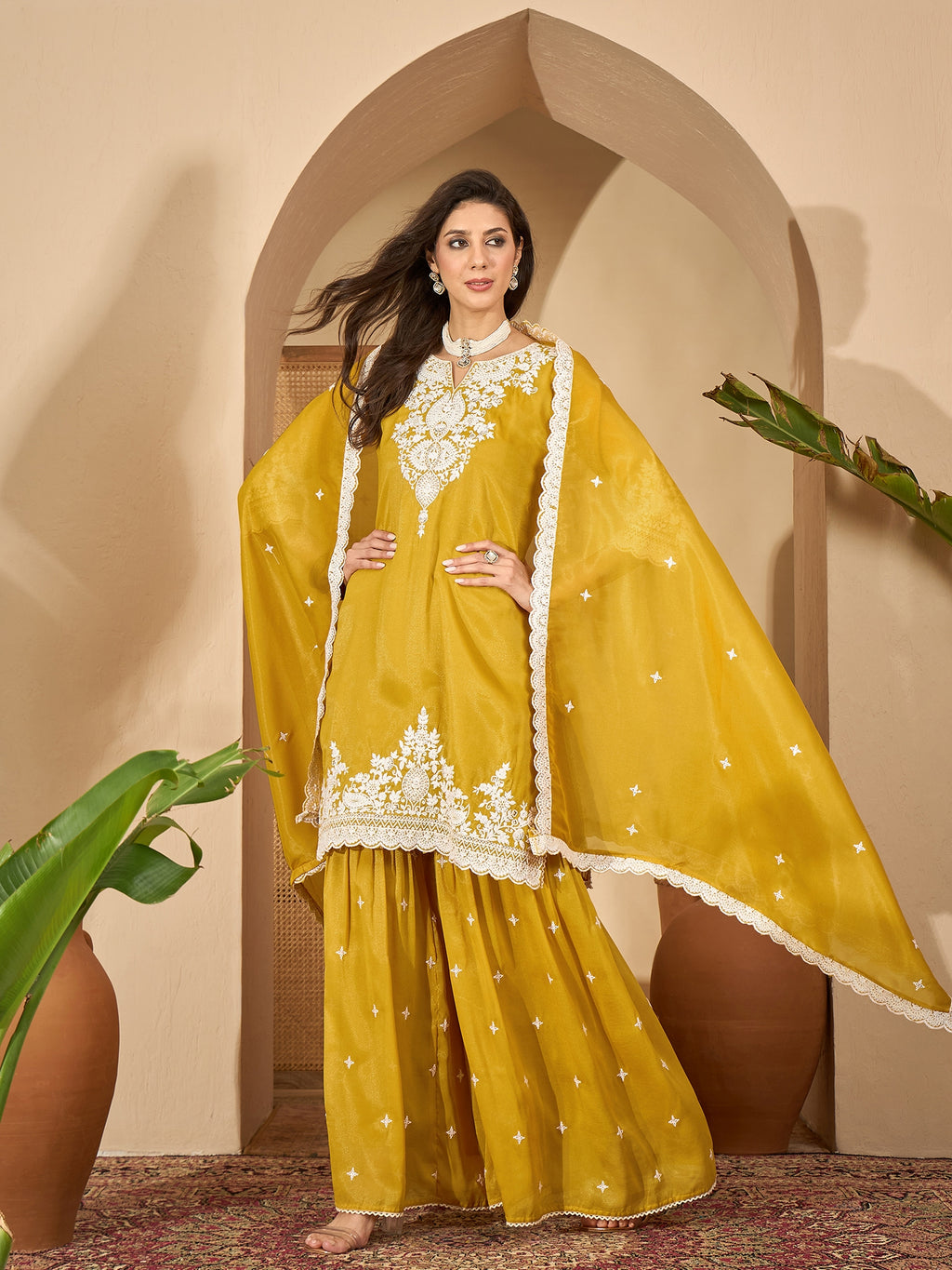 Women's Mustard Solid & Embroidered Net Straight Kurti Sharara Dupatta Set