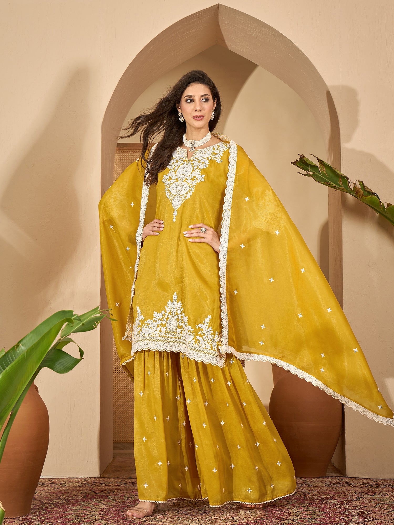 Women's Mustard Solid & Embroidered Net Straight Kurti Sharara Dupatta Set