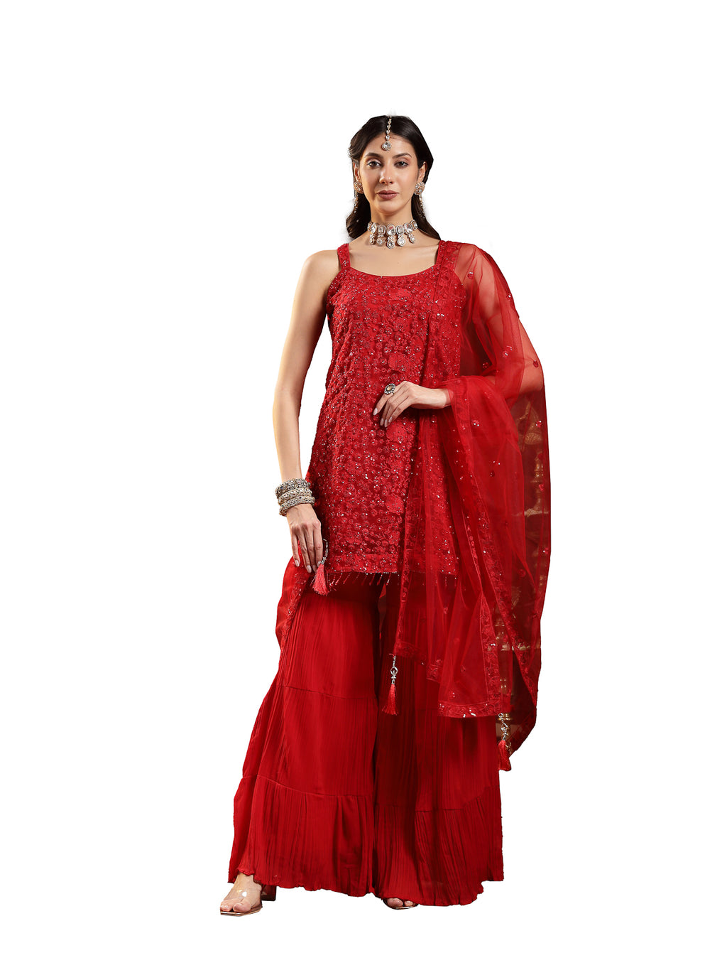 Women's Red Embroidered Net Straight Kurti Sharara Dupatta Set