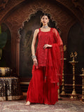 Women's Red Embroidered Net Straight Kurti Sharara Dupatta Set