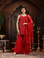 Women's Red Embroidered Net Straight Kurti Sharara Dupatta Set