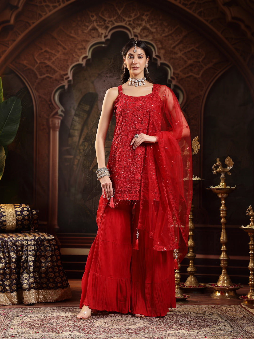Women's Red Embroidered Net Straight Kurti Sharara Dupatta Set