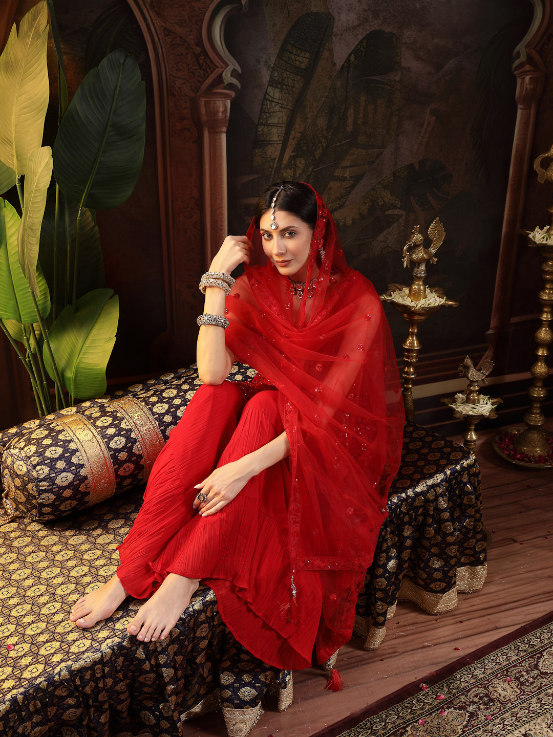 Women's Red Embroidered Net Straight Kurti Sharara Dupatta Set