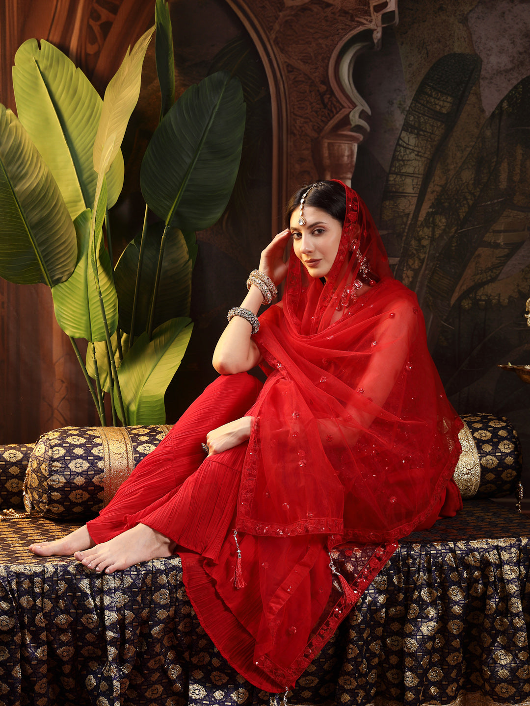 Women's Red Embroidered Net Straight Kurti Sharara Dupatta Set