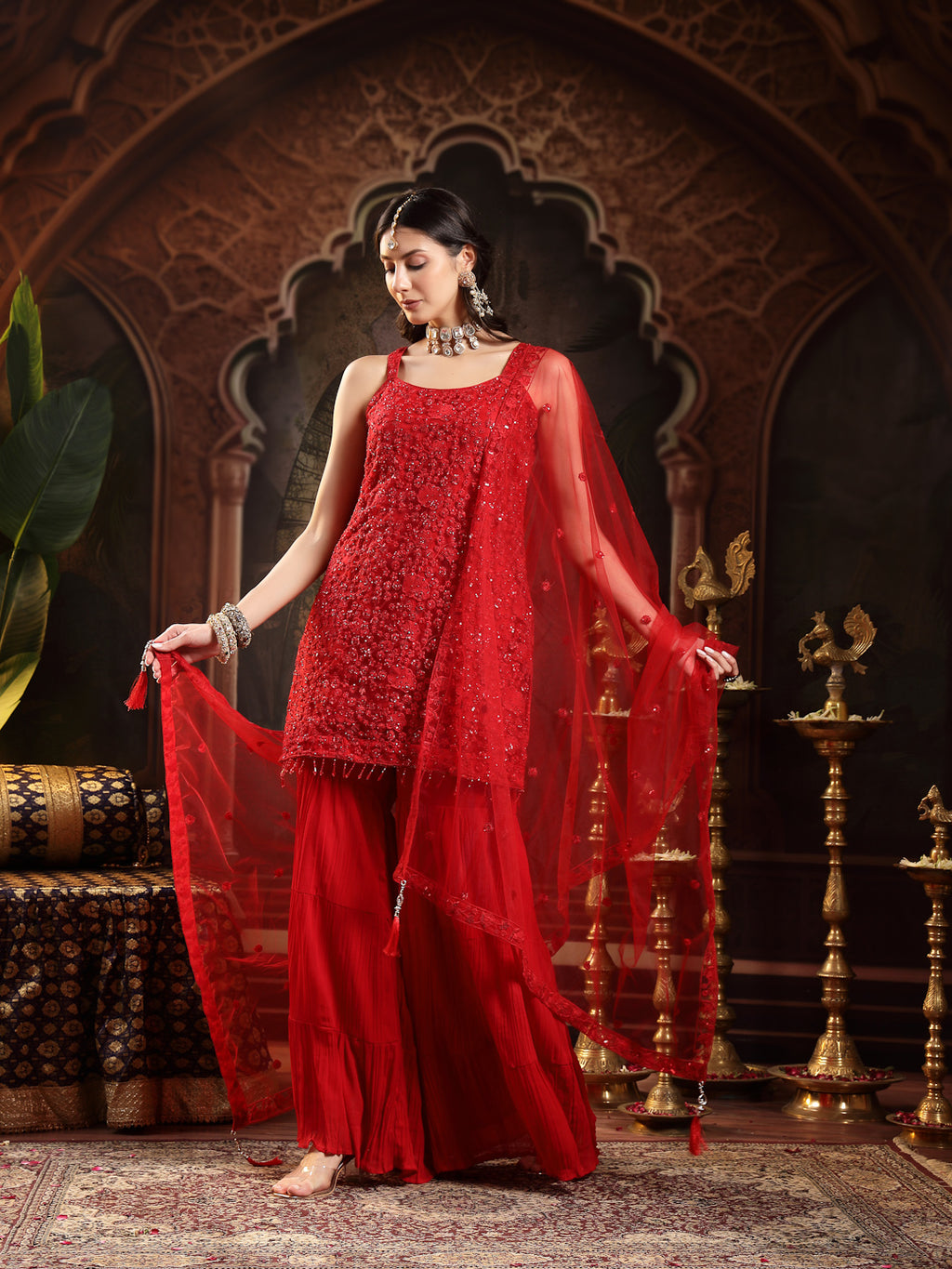 Women's Red Embroidered Net Straight Kurti Sharara Dupatta Set