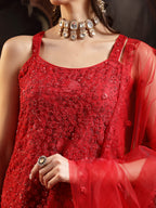 Women's Red Embroidered Net Straight Kurti Sharara Dupatta Set