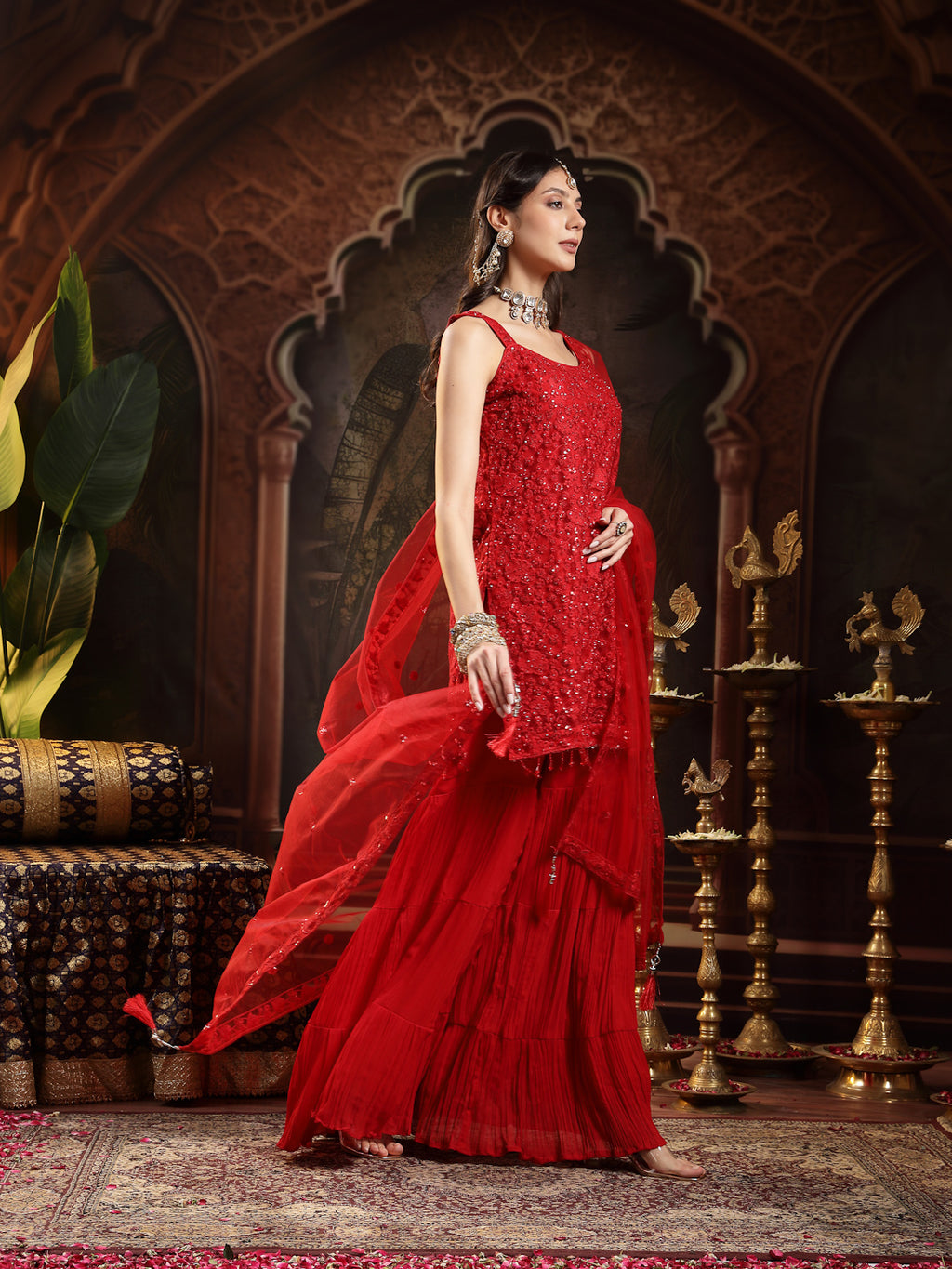 Women's Red Embroidered Net Straight Kurti Sharara Dupatta Set