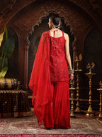 Women's Red Embroidered Net Straight Kurti Sharara Dupatta Set