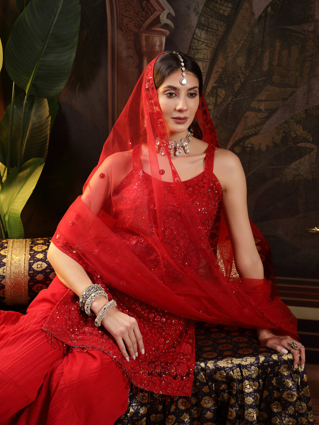 Women's Red Embroidered Net Straight Kurti Sharara Dupatta Set