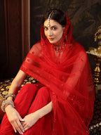 Women's Red Embroidered Net Straight Kurti Sharara Dupatta Set