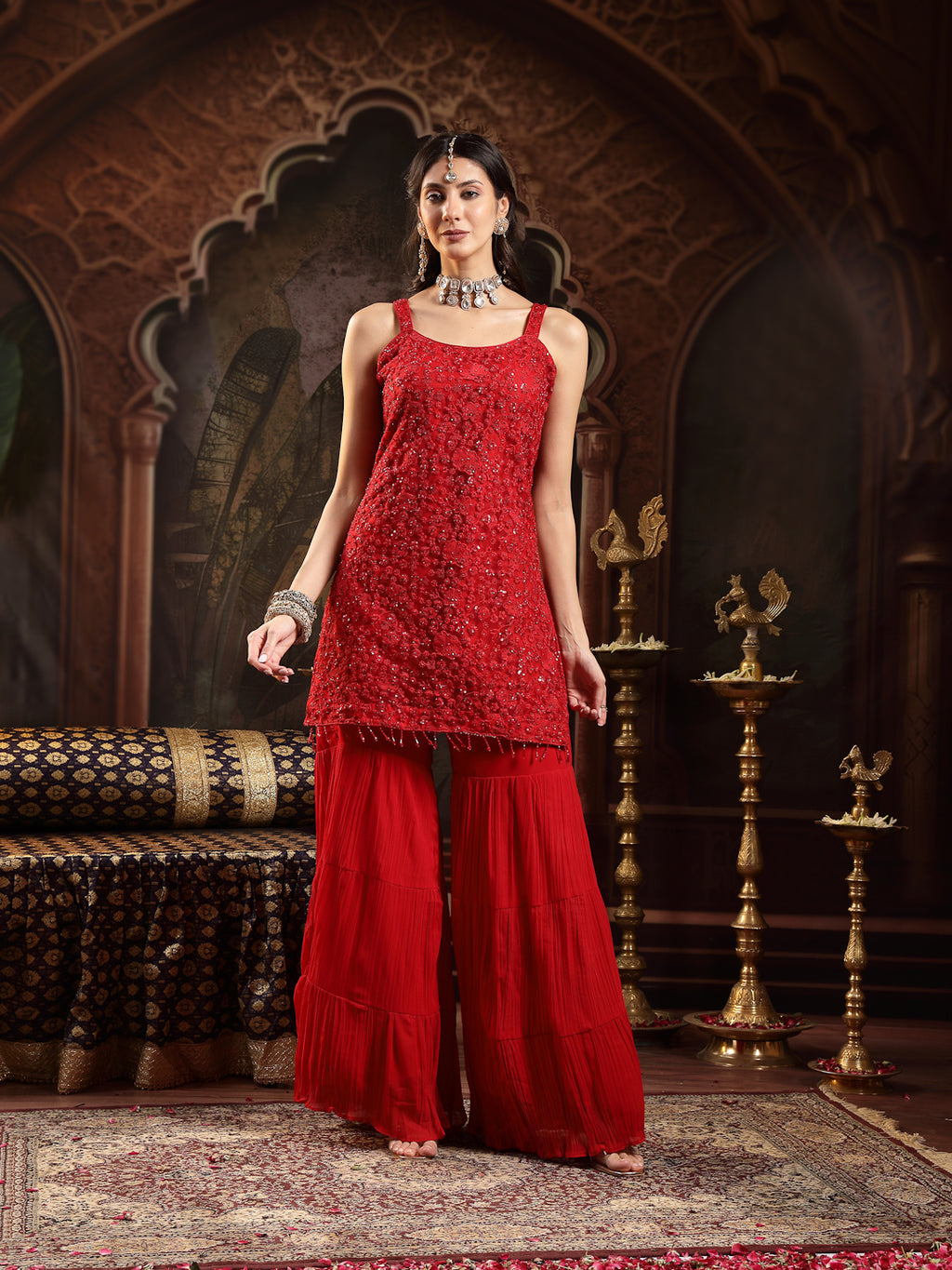 Women's Red Embroidered Net Straight Kurti Sharara Dupatta Set