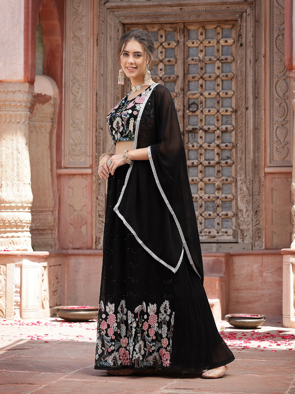 Women's Solid & Embroidered Georgette Lehenga Dupatta with Blouse