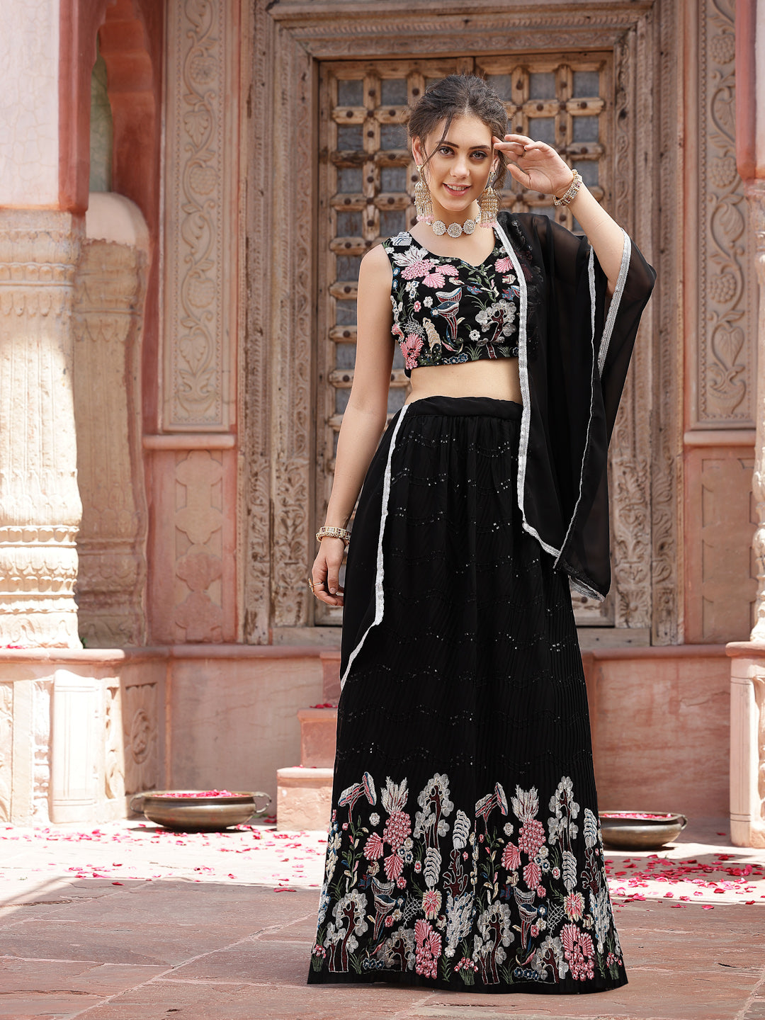 Women's Solid & Embroidered Georgette Lehenga Dupatta with Blouse