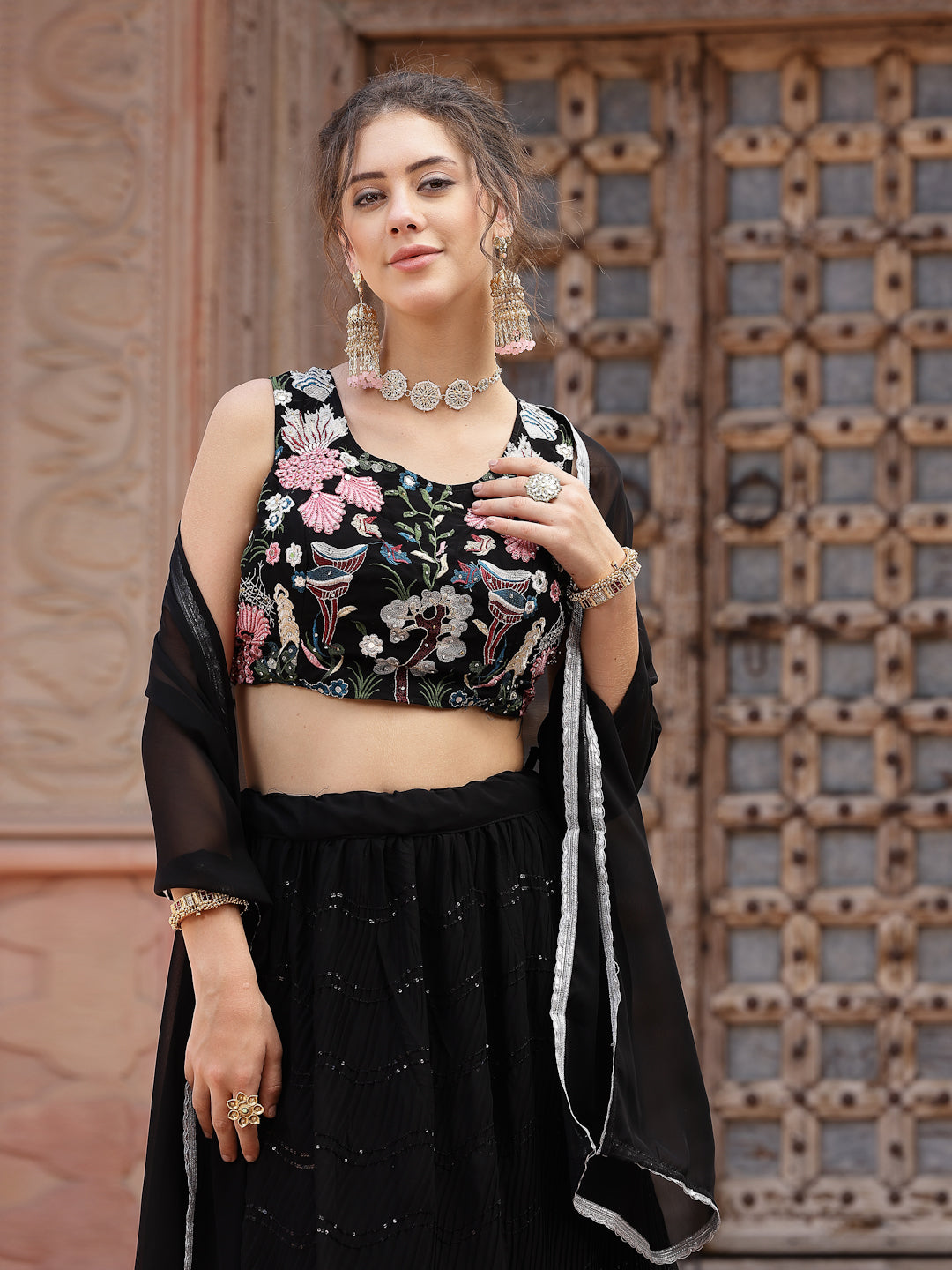 Women's Solid & Embroidered Georgette Lehenga Dupatta with Blouse