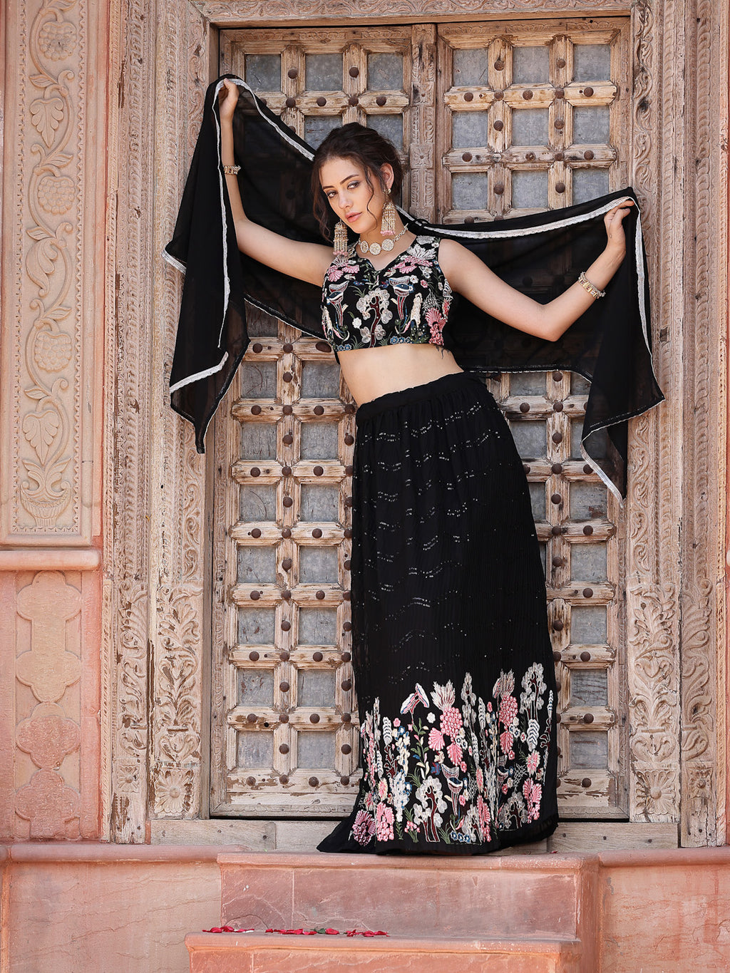 Women's Solid & Embroidered Georgette Lehenga Dupatta with Blouse