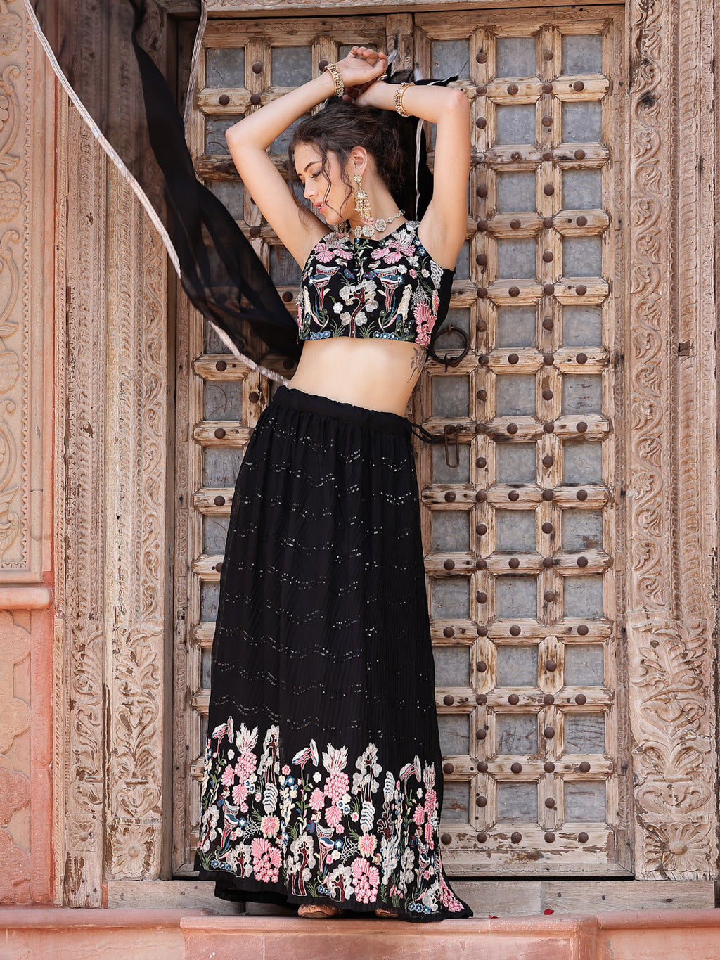 Women's Solid & Embroidered Georgette Lehenga Dupatta with Blouse