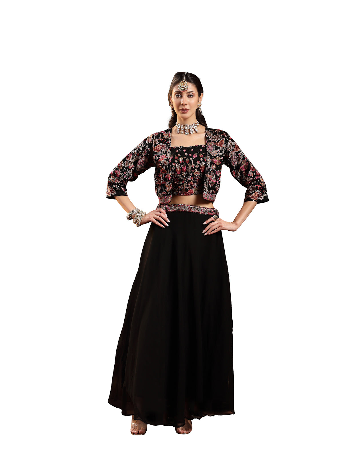 Women's Black Solid & Embroidered Georgette Lehenga Choli With Short Jacket