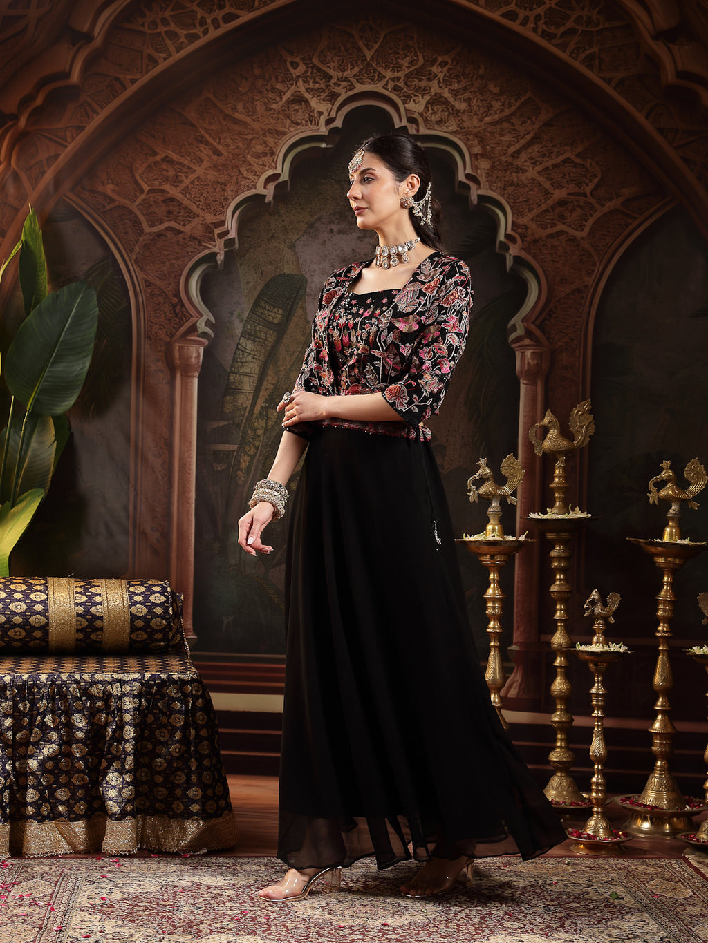 Women's Black Solid & Embroidered Georgette Lehenga Choli With Short Jacket