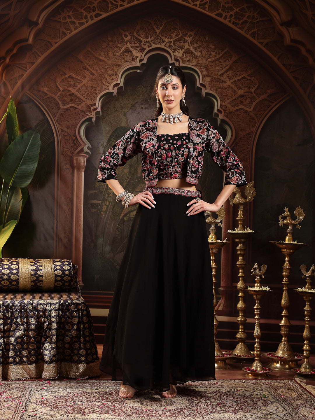 Women's Black Solid & Embroidered Georgette Lehenga Choli With Short Jacket